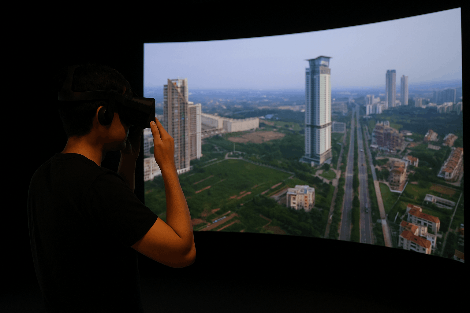 Person wearing a VR headset using controllers to navigate a virtual property